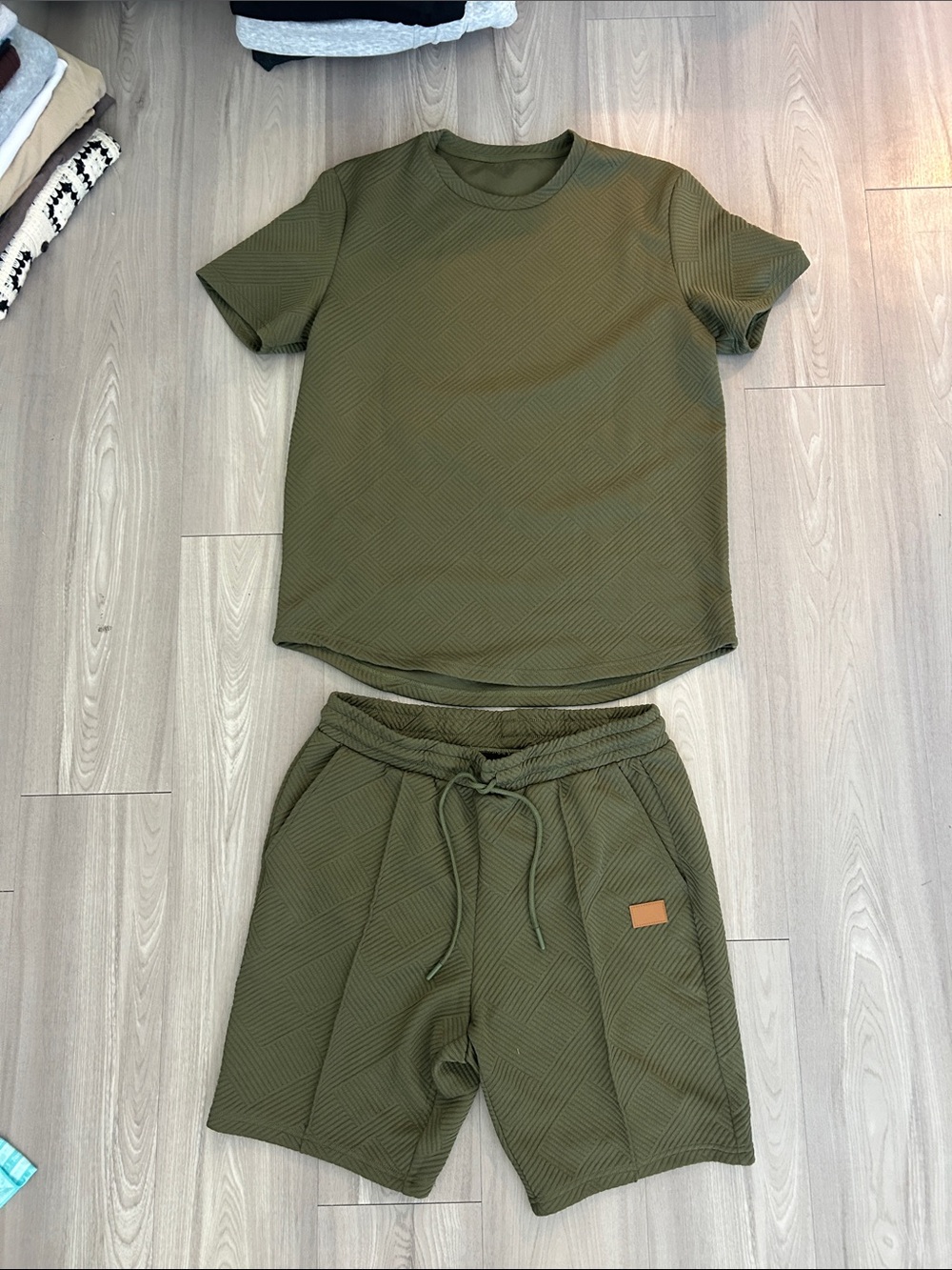 Olive Green Quilted T-Shirt & Drawstring Shorts Set